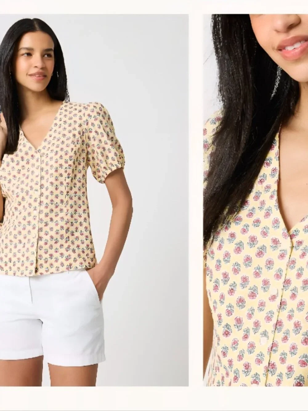 J. Crew Block-print Linen-Blend Button-Up S/S Top Yellow Floral Print size 8